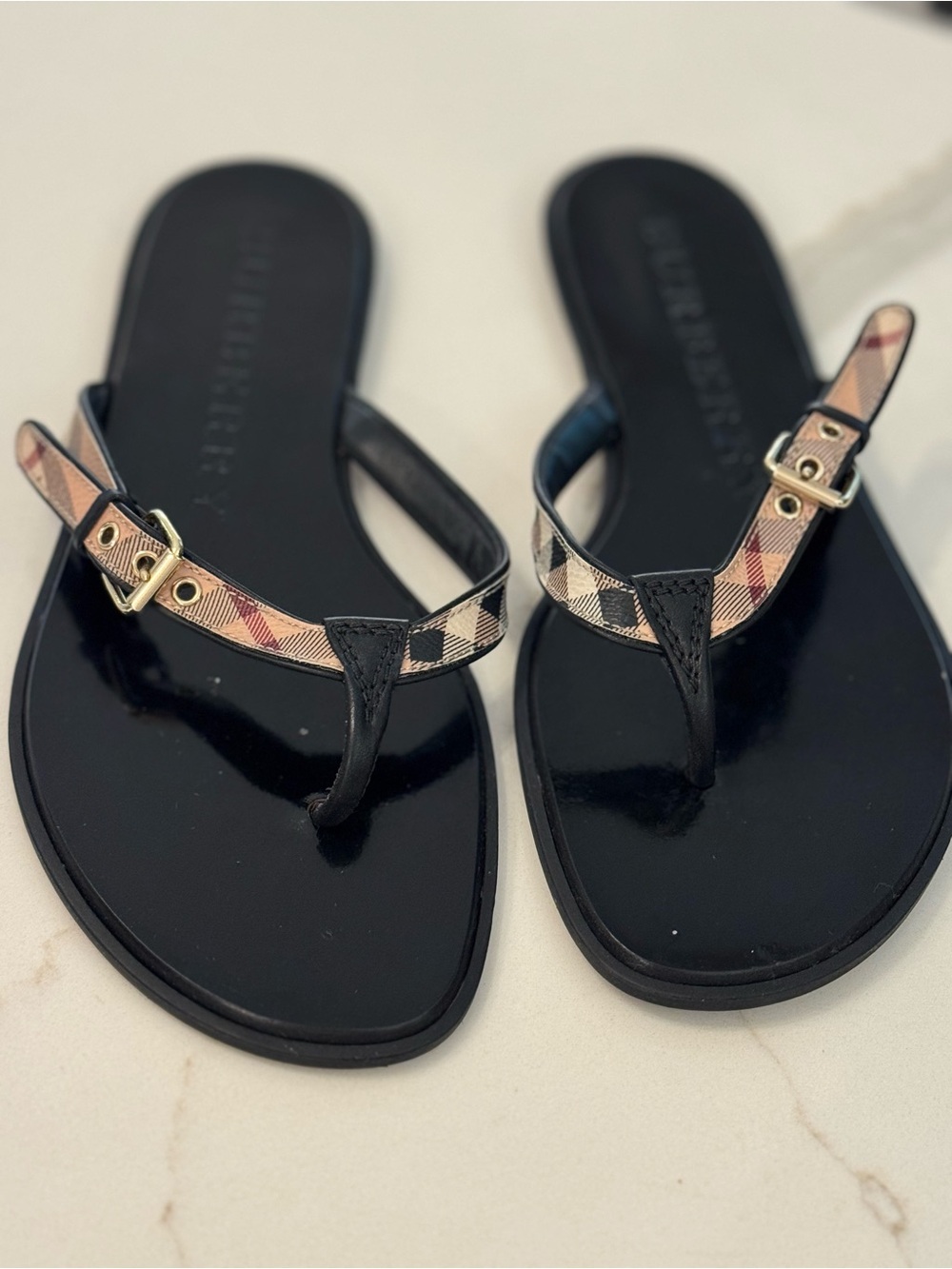 Burberry Black Thong Sandals with Beige Plaid Straps